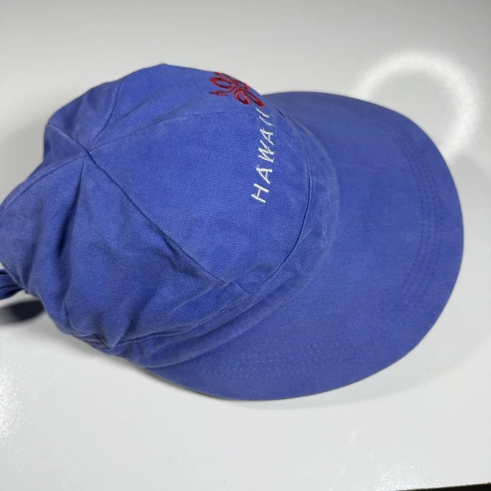 Hawaiian Headwear Vintage Hawaii Sun Hat Blue Canvas Wide Brim Floral Tie Back